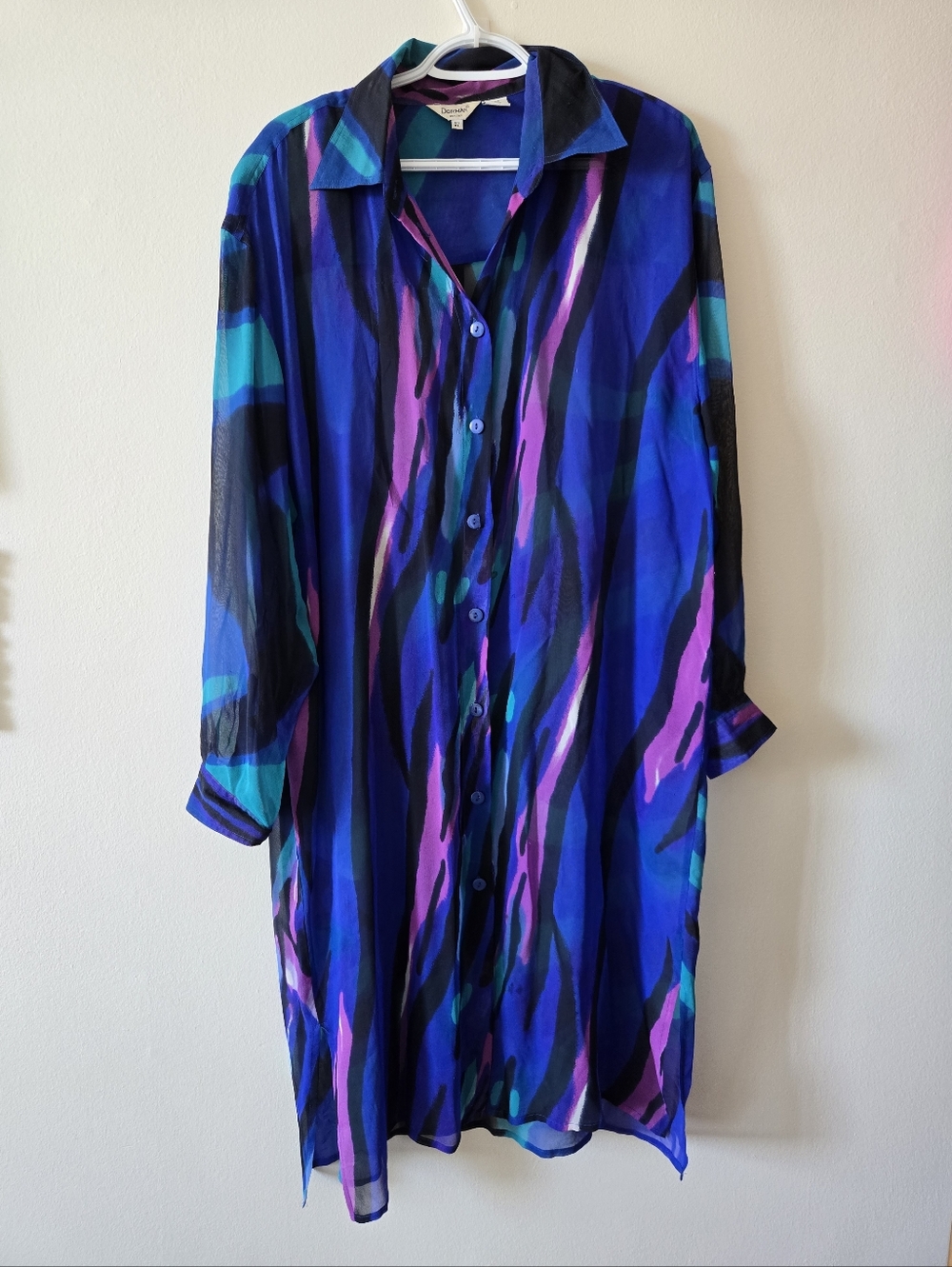 Dorman XL Blue & Purple 100% Silk Vintage Abstract Button-Up Tunic Dress